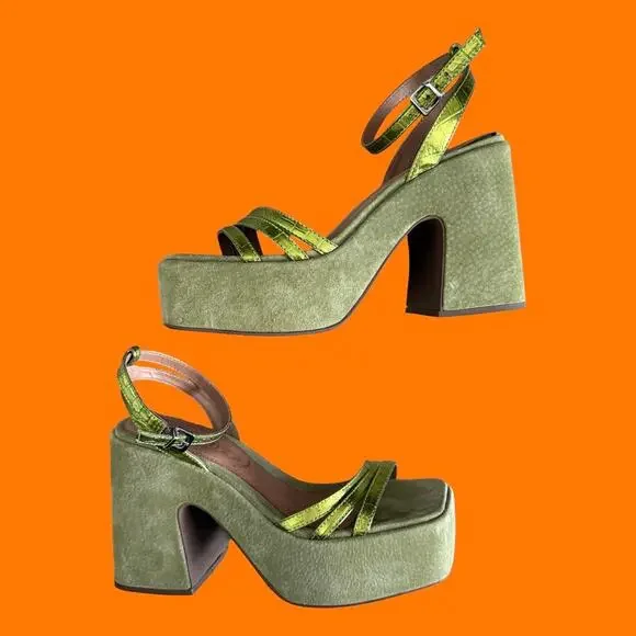 Free People Samara Heels Platform Chunky Ankle Strap Green Size 8 Vicenza - Picture 2 of 7